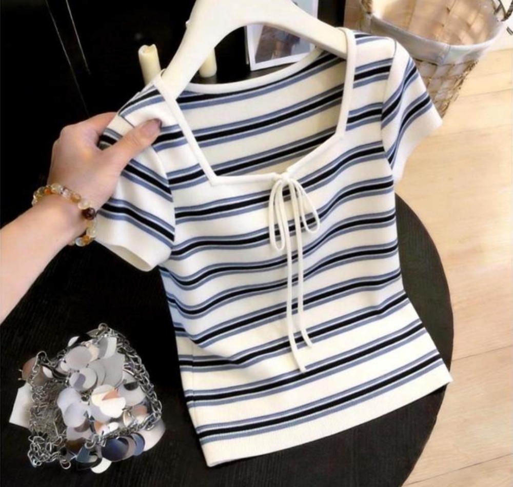 Retro show young square collar stripe niche tops for women