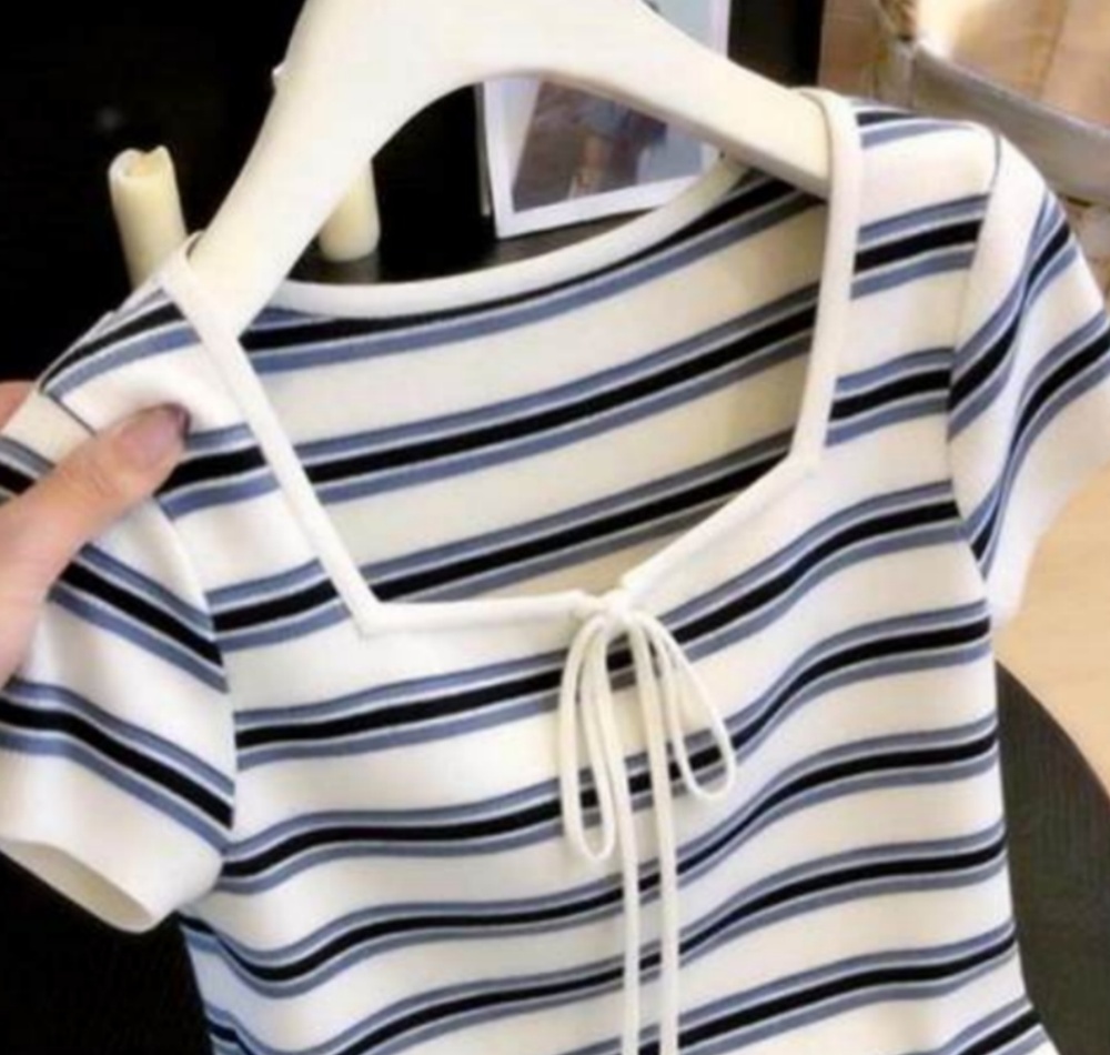 Retro show young square collar stripe niche tops for women