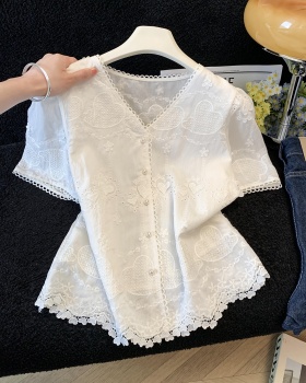 Lace V-neck France style shirt light luxury short sleeve tops