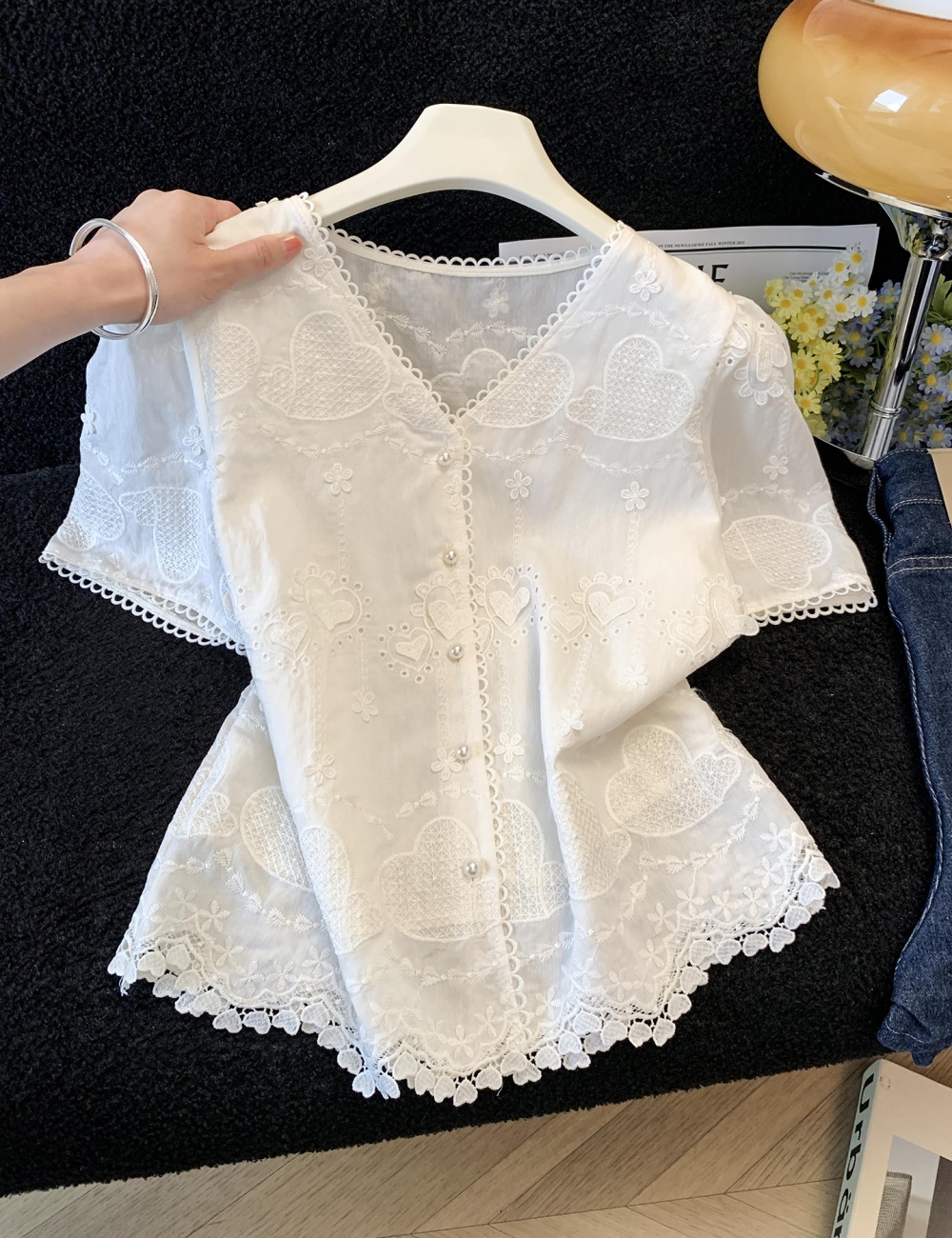 Lace V-neck France style shirt light luxury short sleeve tops