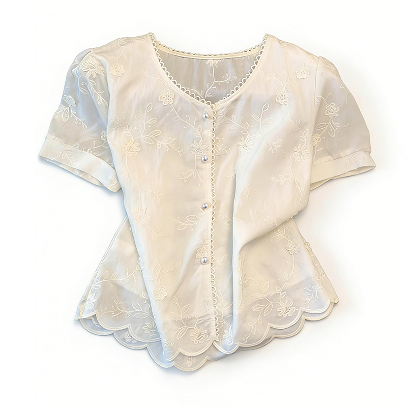Lace V-neck France style shirt light luxury short sleeve tops