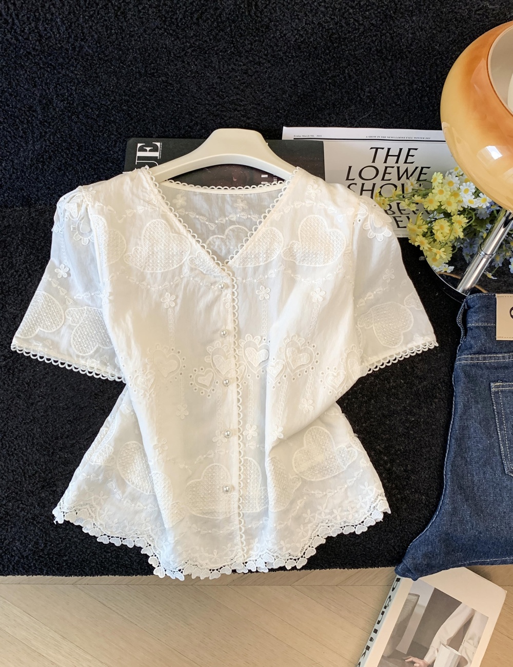 Lace V-neck France style shirt light luxury short sleeve tops