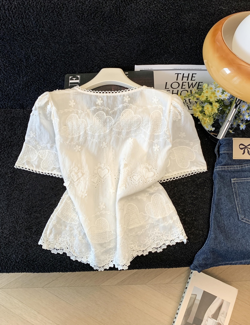 Lace V-neck France style shirt light luxury short sleeve tops