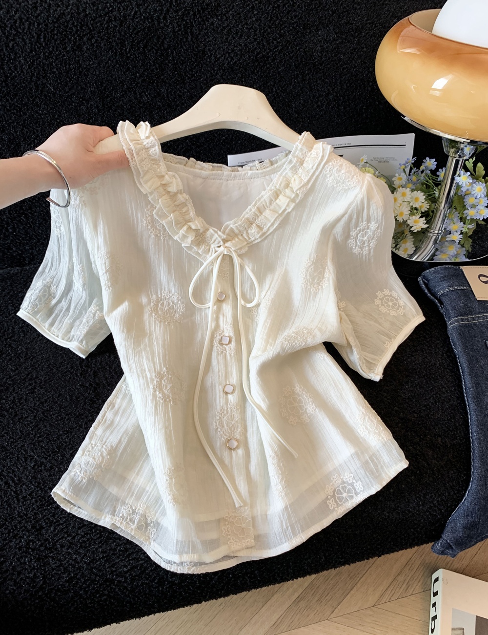 Niche France style shirt V-neck tops for women