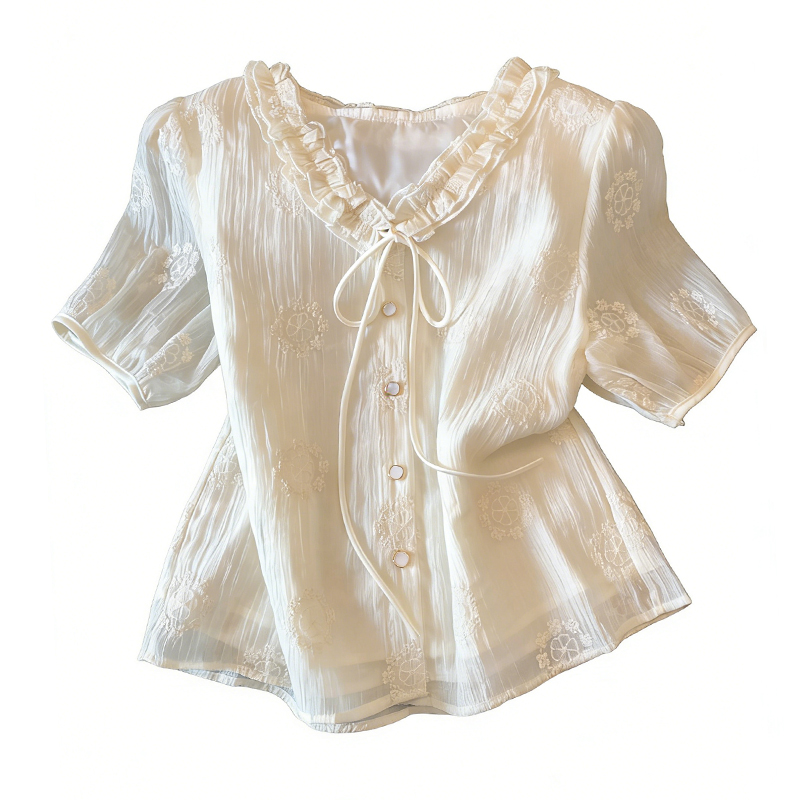 Niche France style shirt V-neck tops for women