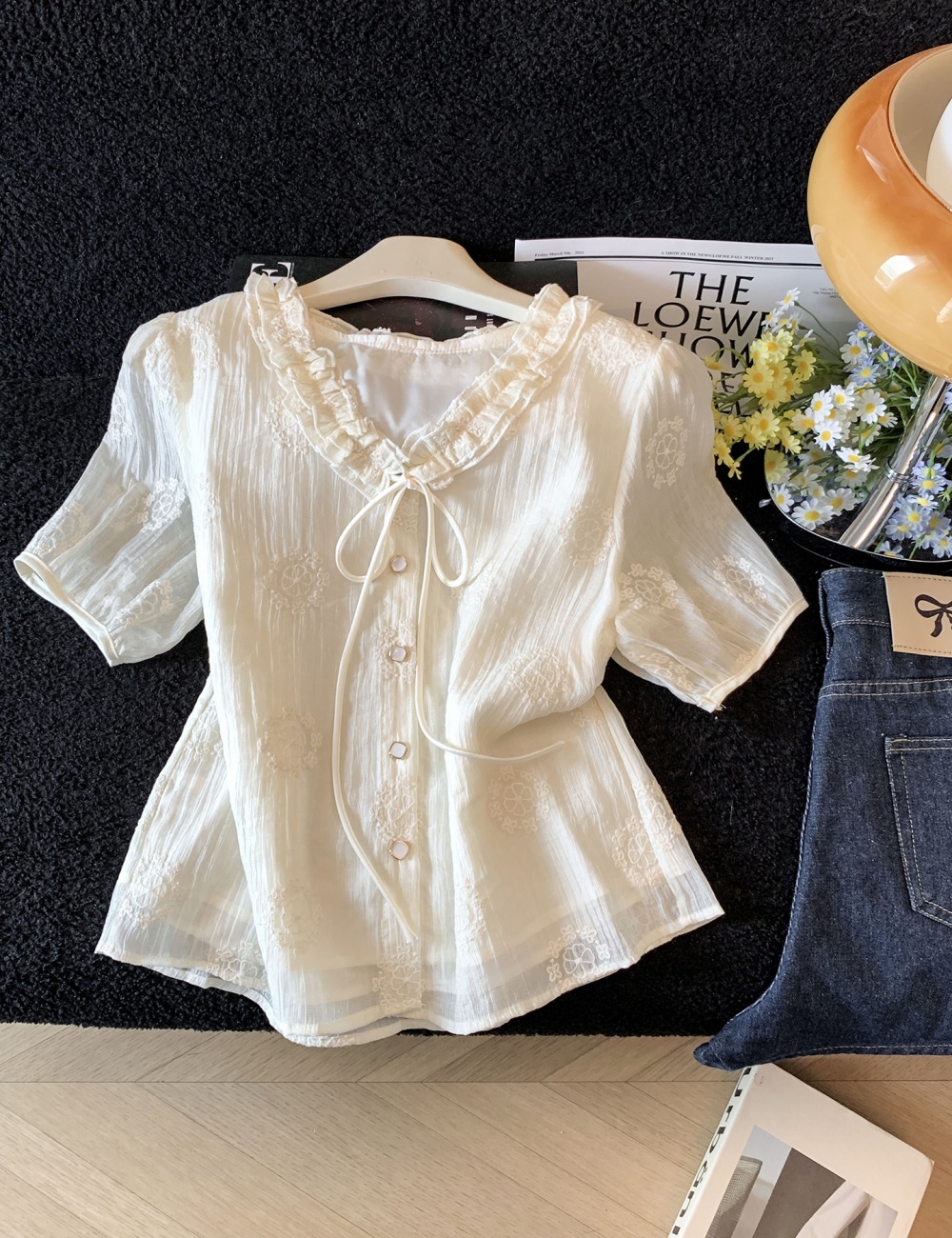 Niche France style shirt V-neck tops for women