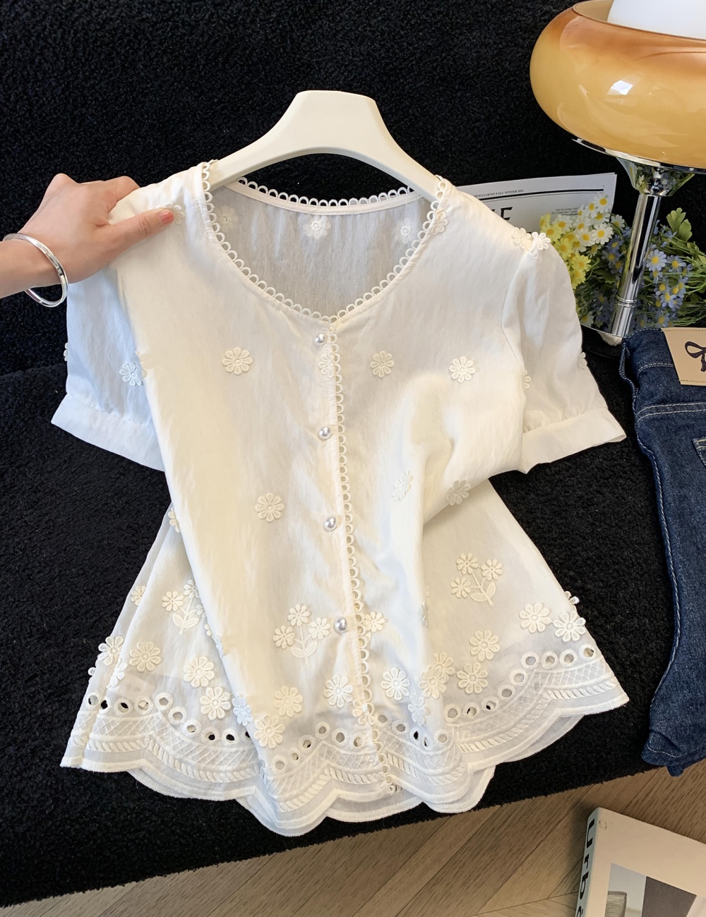 Lace short sleeve shirt summer show young tops for women