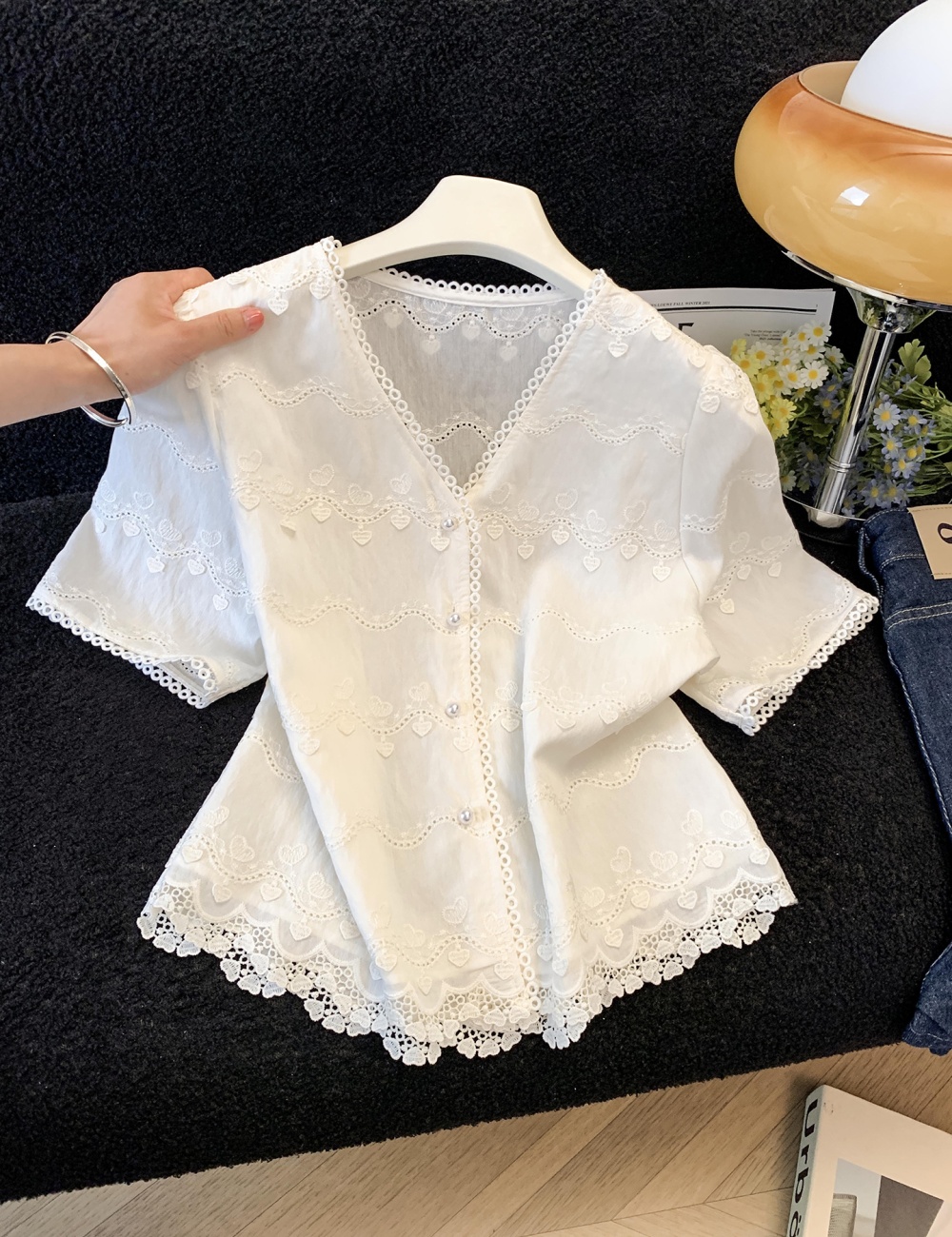 White France style shirt short sleeve tops for women