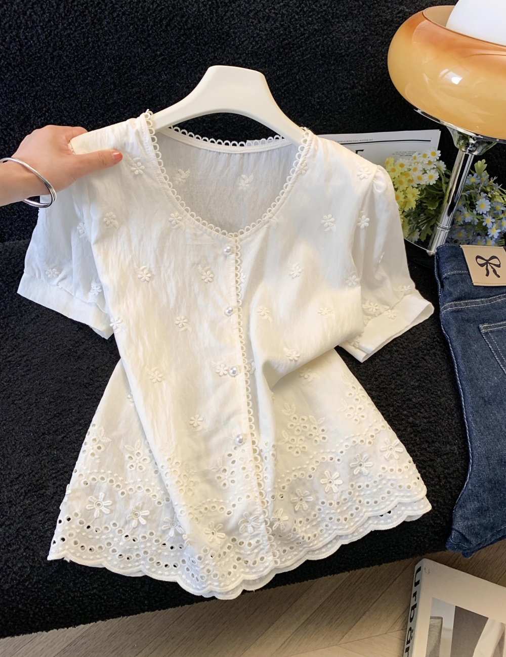 Short sleeve France style shirt romantic style lace tops