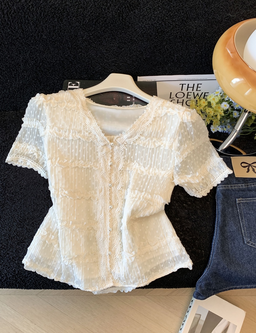 V-neck lace shirt slim niche tops for women