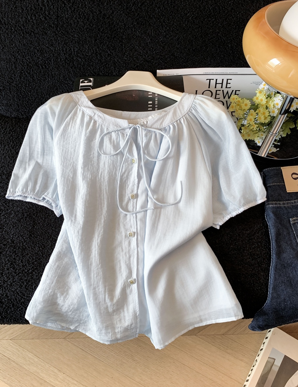 Loose frenum shirt France style lantern sleeve tops for women