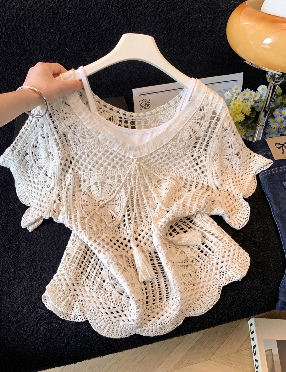 Short lace tops thin slim shirts 2pcs set for women