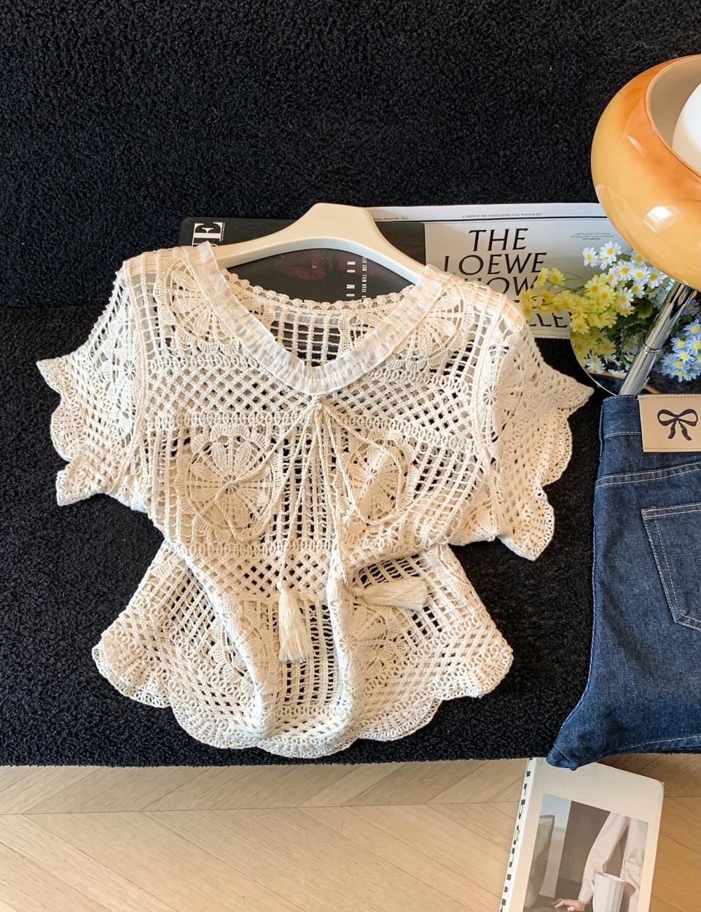 Short lace tops thin slim shirts 2pcs set for women