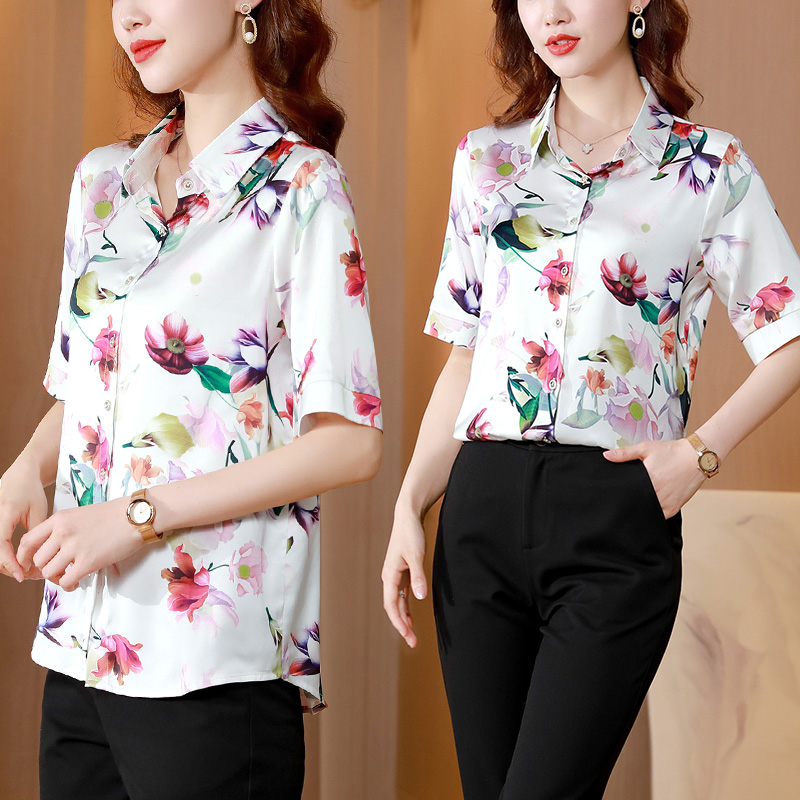 Short sleeve real silk silk all-match shirt for women