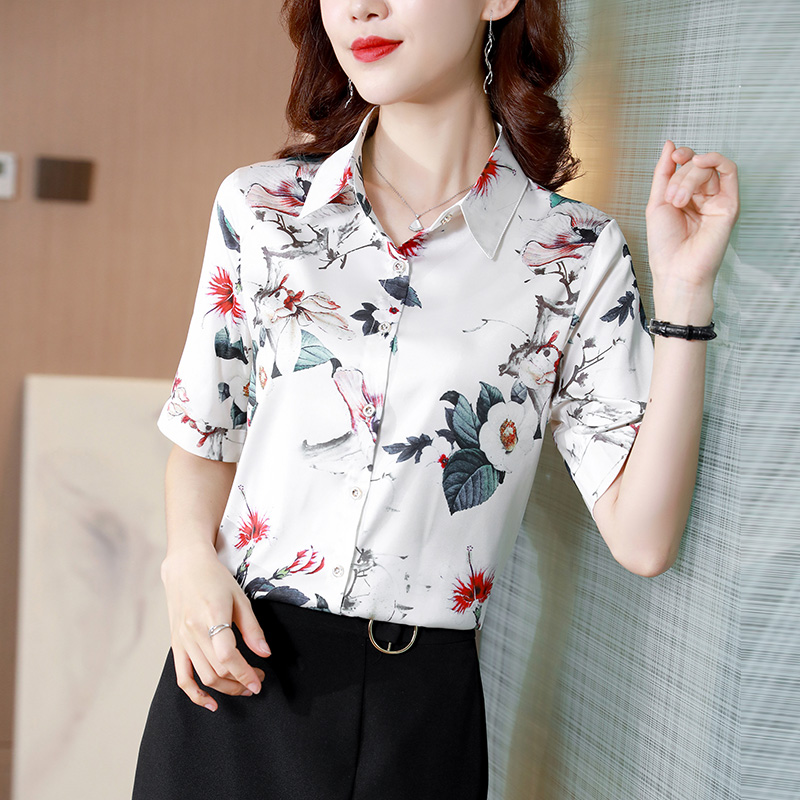 Short sleeve real silk silk all-match shirt for women
