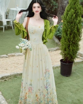 A-line seaside dress sling vacation cardigan 2pcs set