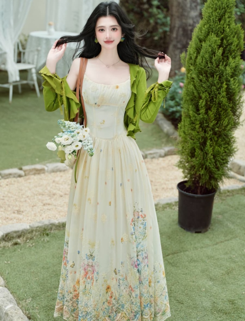 A-line seaside dress sling vacation cardigan 2pcs set