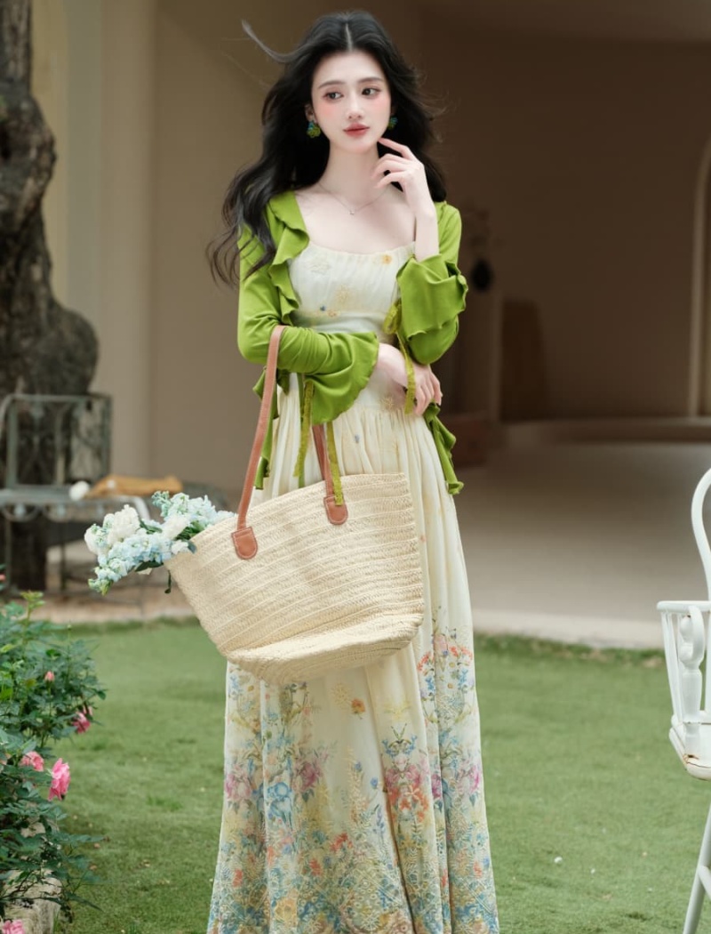 A-line seaside dress sling vacation cardigan 2pcs set