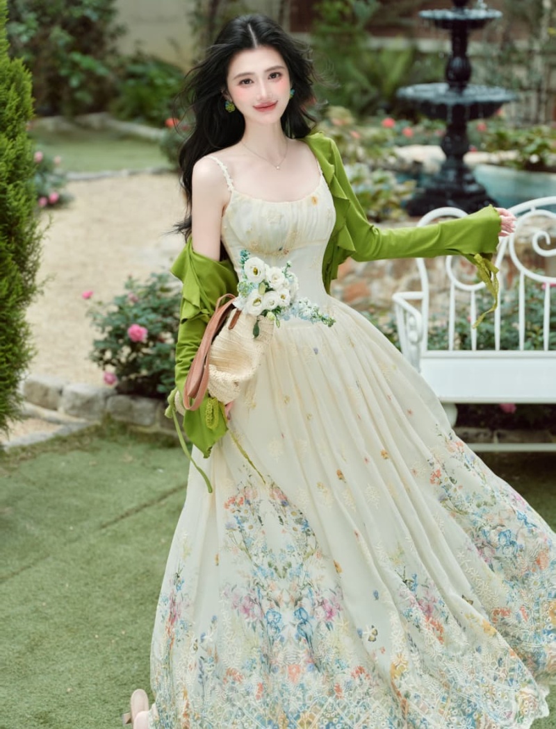 A-line seaside dress sling vacation cardigan 2pcs set