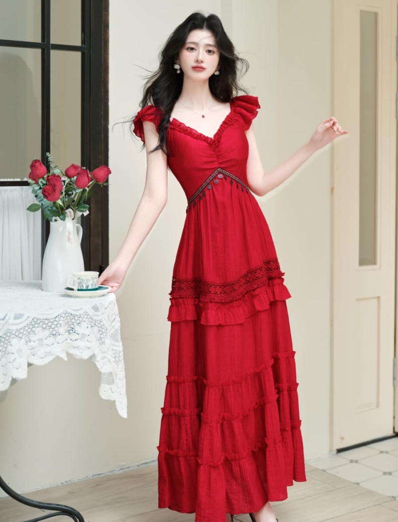 Vacation red beach dress big skirt dress