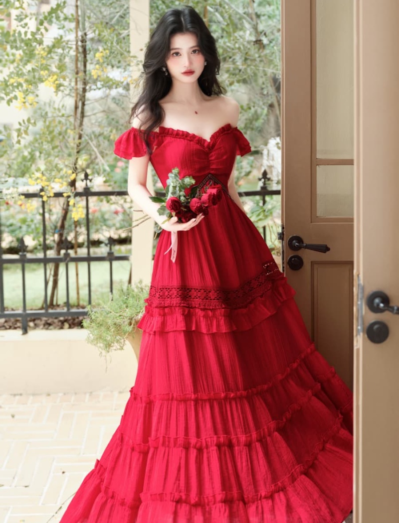 Vacation red beach dress big skirt dress