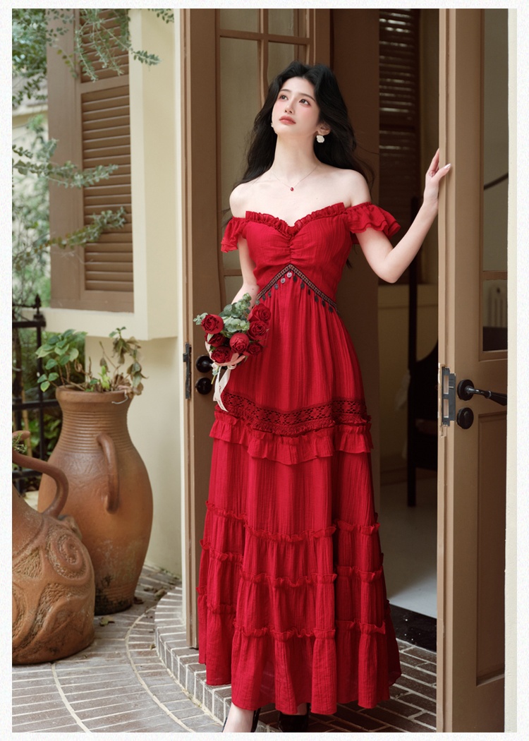 Vacation red beach dress big skirt dress