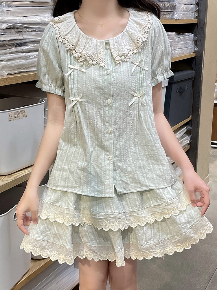 Doll collar college style uniform lace shirt a set