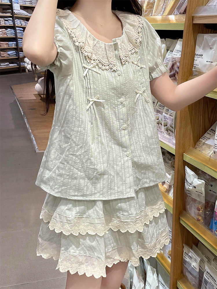 Doll collar college style uniform lace shirt a set