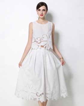 Embroidery France style ladies hollow skirt 2pcs set
