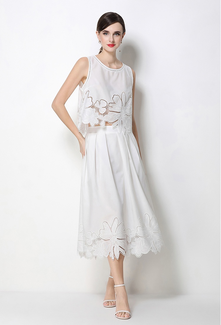 Embroidery France style ladies hollow skirt 2pcs set