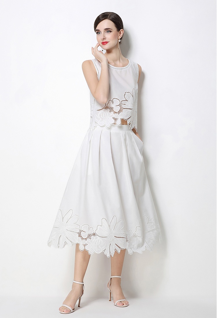 Embroidery France style ladies hollow skirt 2pcs set