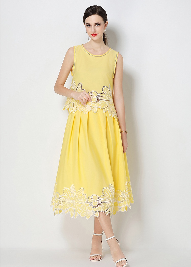 Embroidery France style ladies hollow skirt 2pcs set