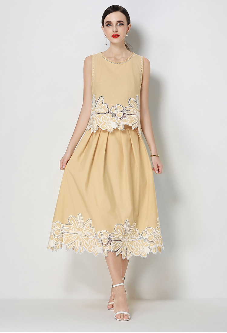 Embroidery France style ladies hollow skirt 2pcs set