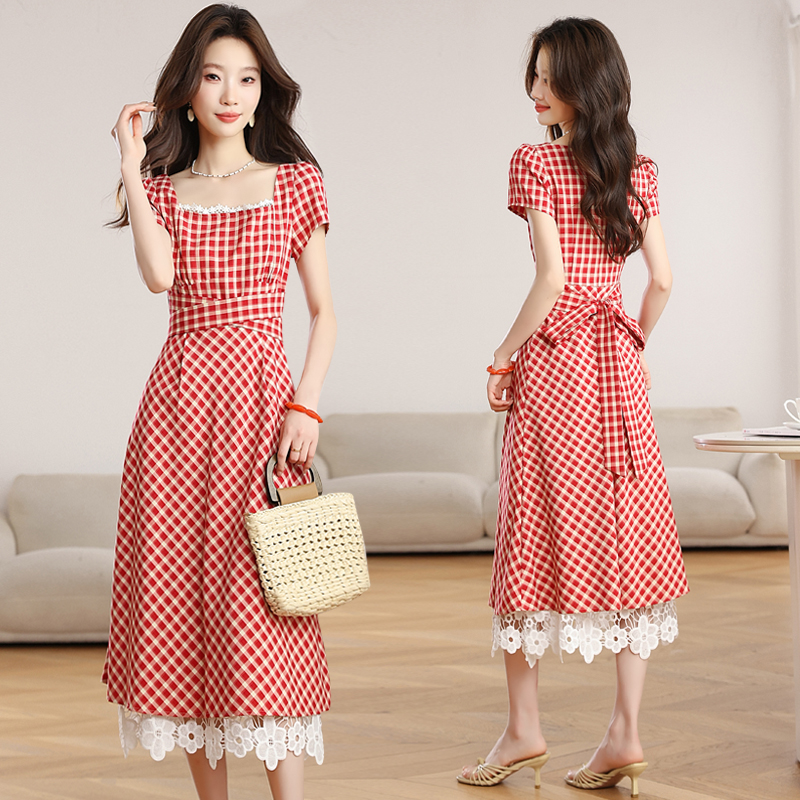 Summer red dress plaid long dress for women