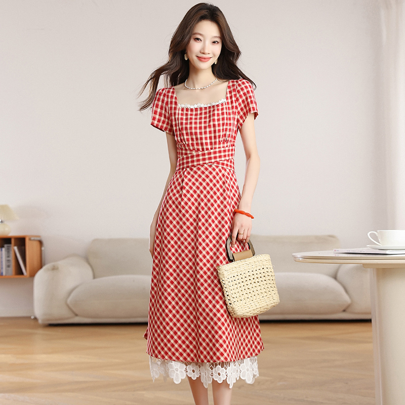 Summer red dress plaid long dress for women