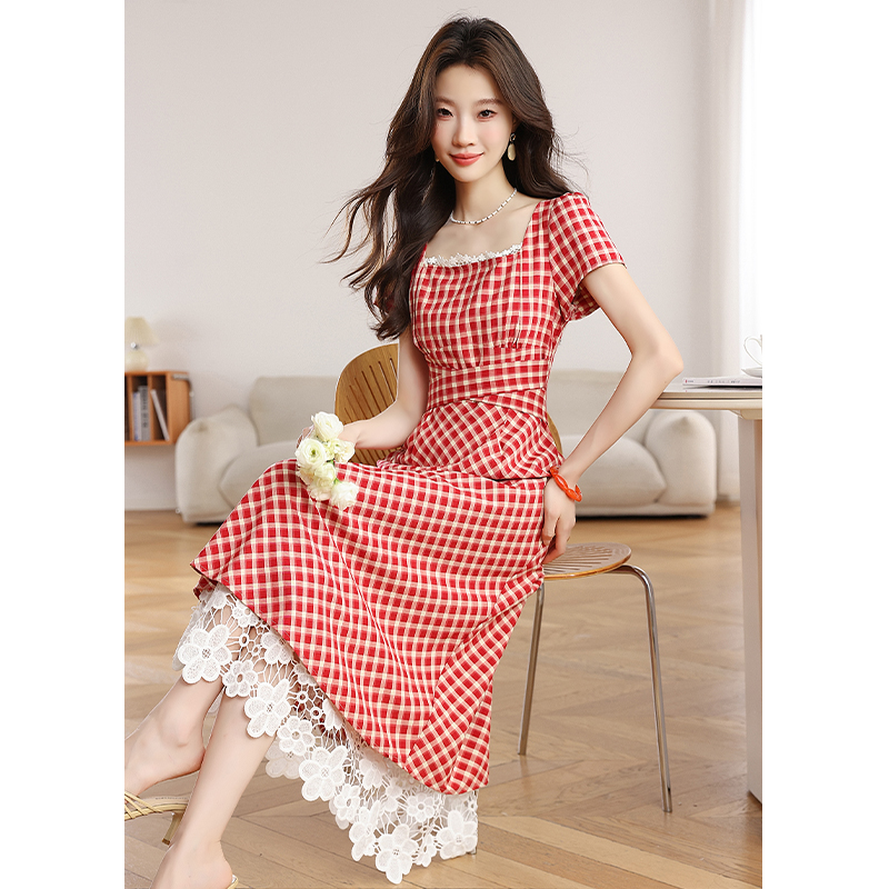 Summer red dress plaid long dress for women