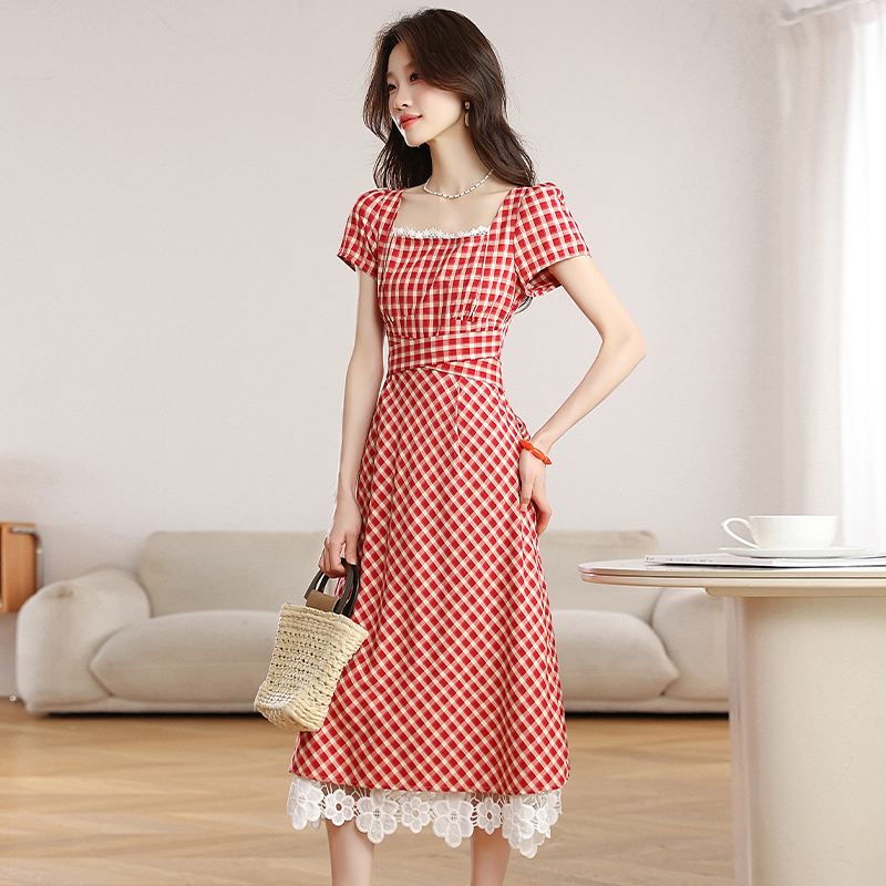 Summer red dress plaid long dress for women