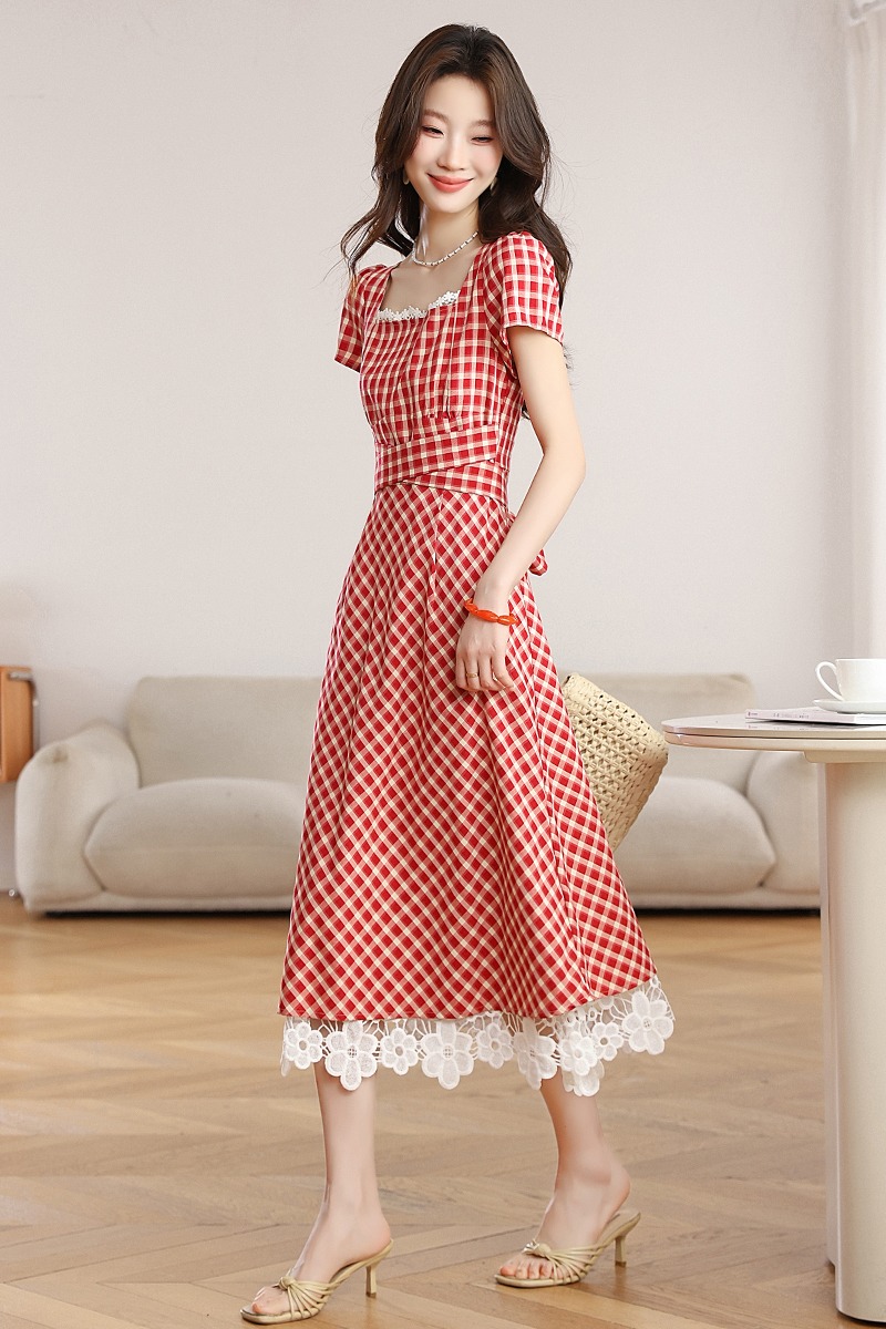 Summer red dress plaid long dress for women