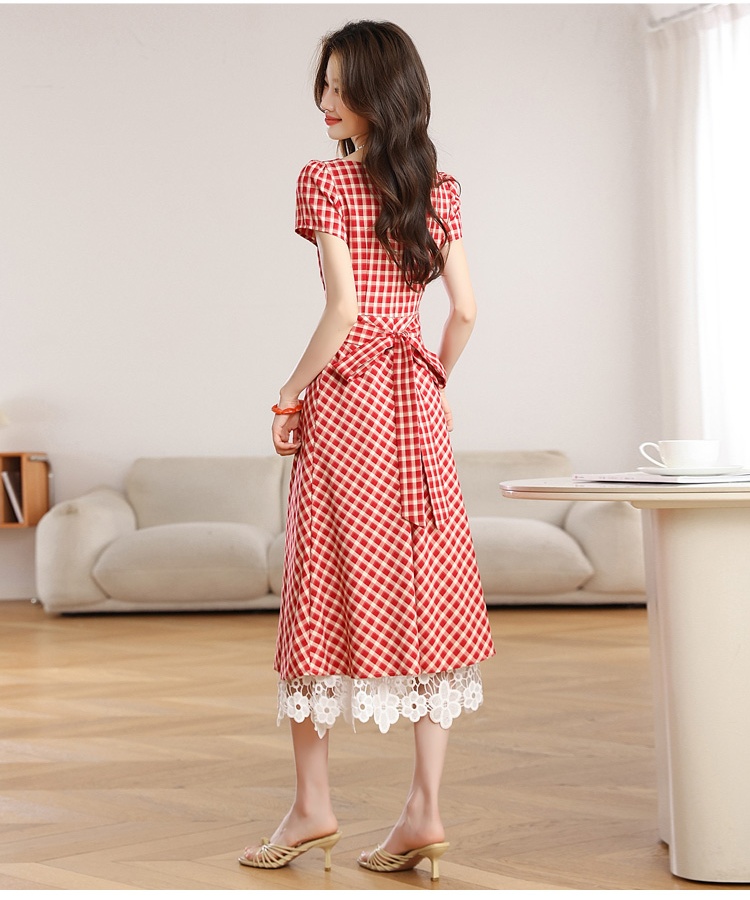Summer red dress plaid long dress for women