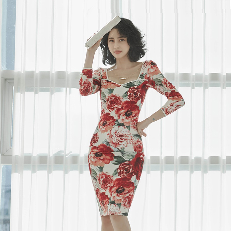 Printing slim formal dress package hip dress for women
