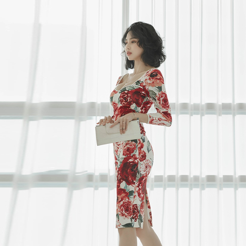 Printing slim formal dress package hip dress for women