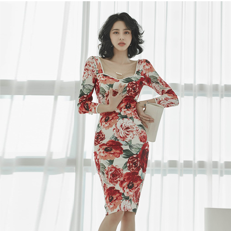 Printing slim formal dress package hip dress for women