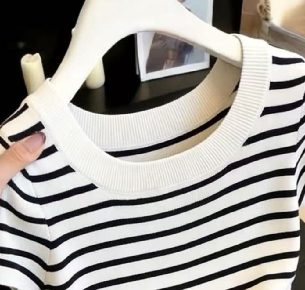 Korean style stripe tops short sleeve sweater