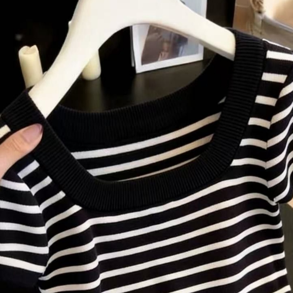 Korean style stripe tops short sleeve sweater