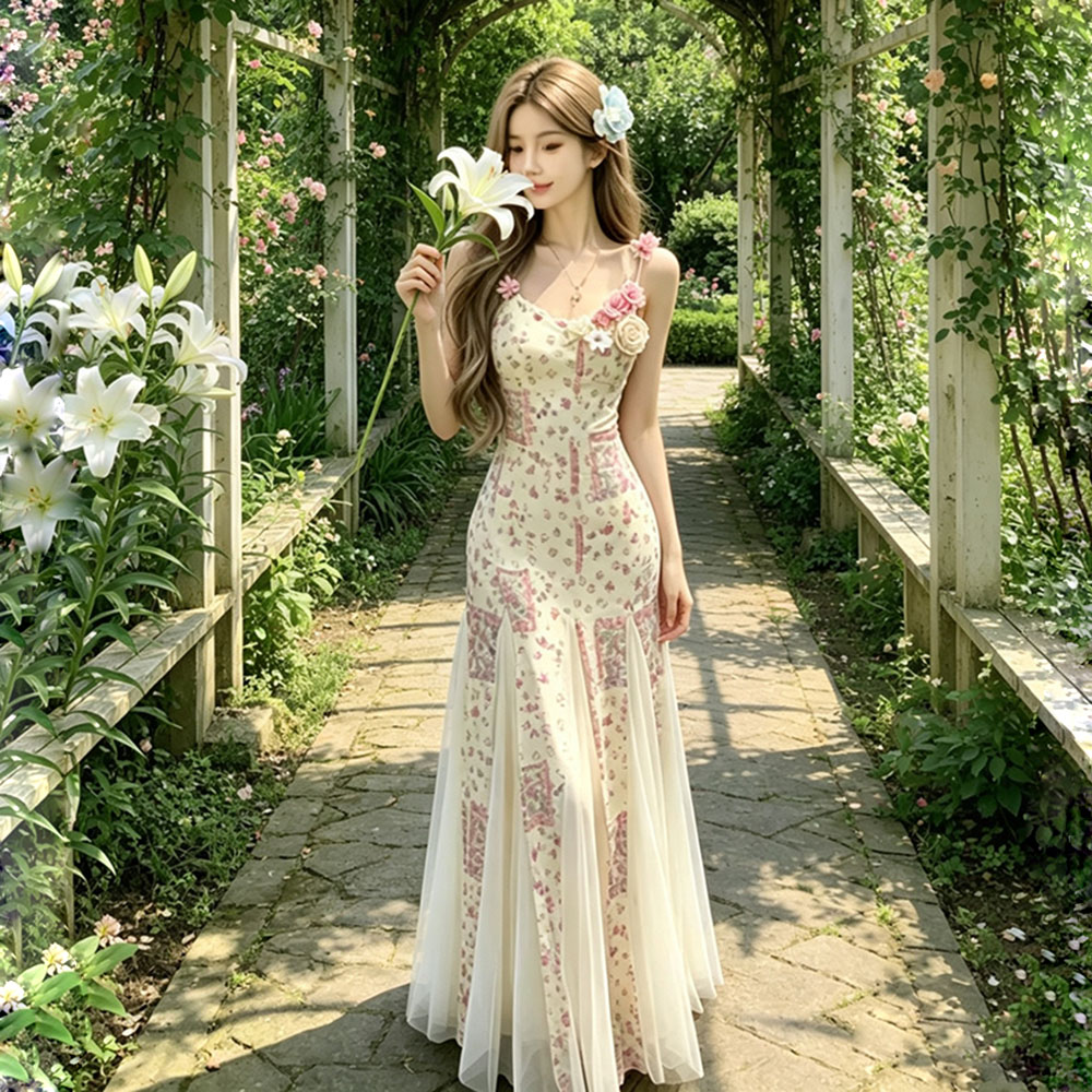 Vacation sling dress gauze enticement long dress for women