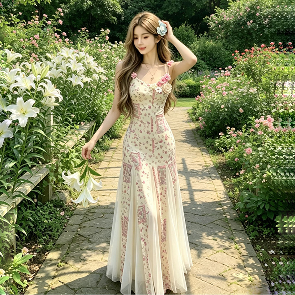 Vacation sling dress gauze enticement long dress for women