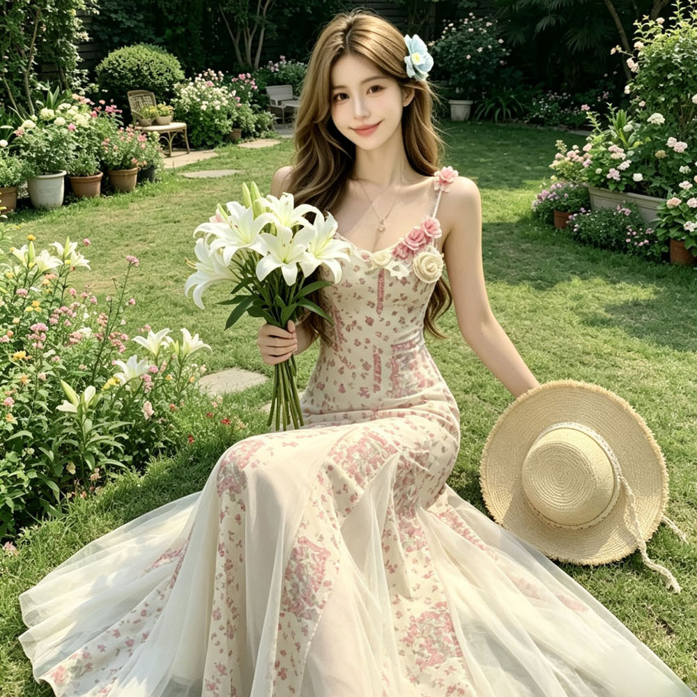 Vacation sling dress gauze enticement long dress for women