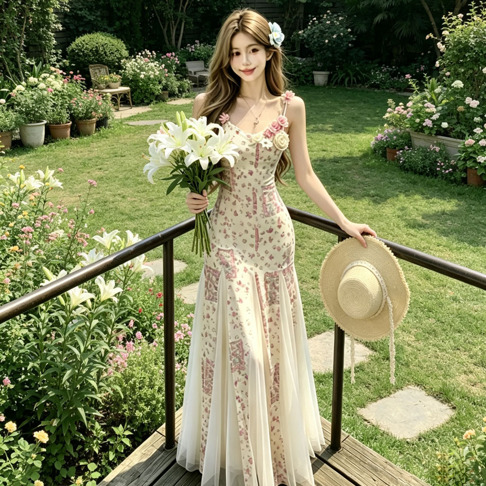 Vacation sling dress gauze enticement long dress for women