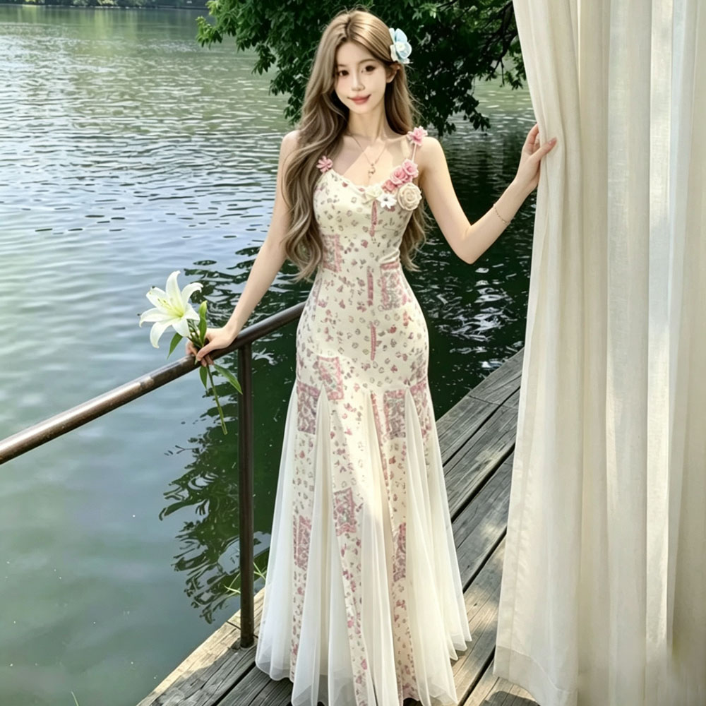 Vacation sling dress gauze enticement long dress for women