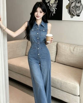 Denim jumpsuit high waist wide leg pants for women